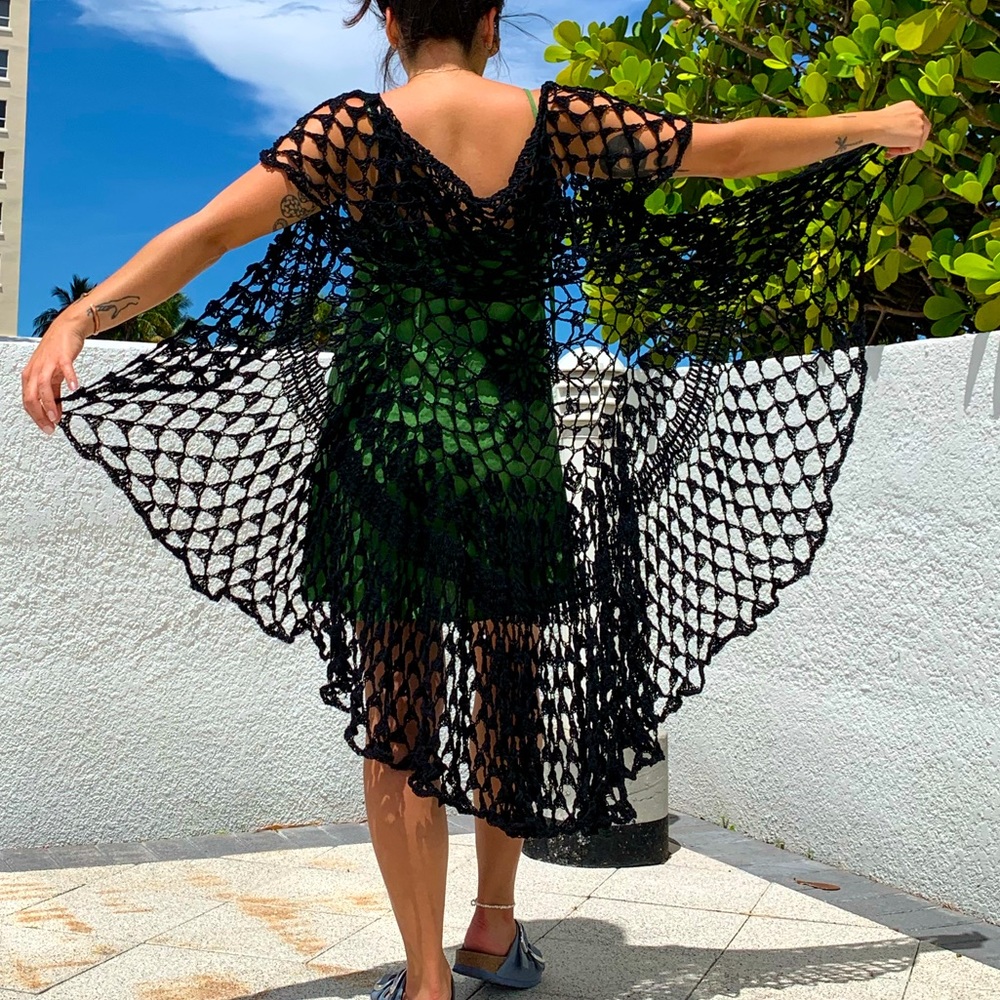 Hand-knit crochet shawl. Black. One size fits most. New.